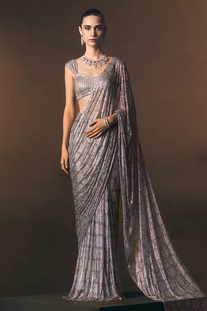 Silver Grey Soft Net Crystal Embroidered Draped Reception Saree Set by Angad Singh at Pernia's Pop Up Shop