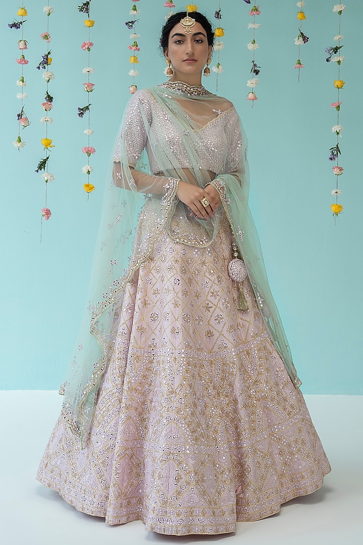 Blush Pink Raw Silk Embroidered Wedding Lehenga Set by Angad Singh at Pernia's Pop Up Shop