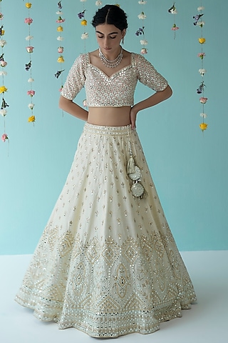 Ivory Raw Silk Embroidered Lehenga Set by Angad Singh