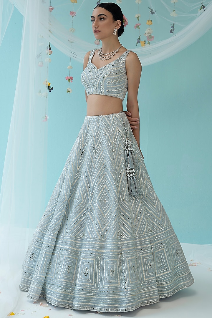 Grey Organza Embroidered Wedding Lehenga Set by Angad Singh at Pernia's Pop Up Shop