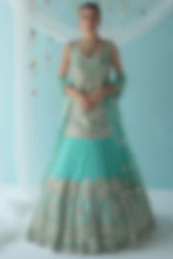 Turquoise Net Embroidered Wedding Lehenga Set by Angad Singh at Pernia's Pop Up Shop