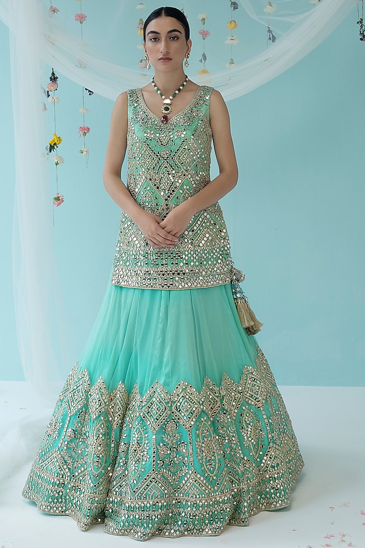 Turquoise Net Embroidered Wedding Lehenga Set by Angad Singh at Pernia's Pop Up Shop