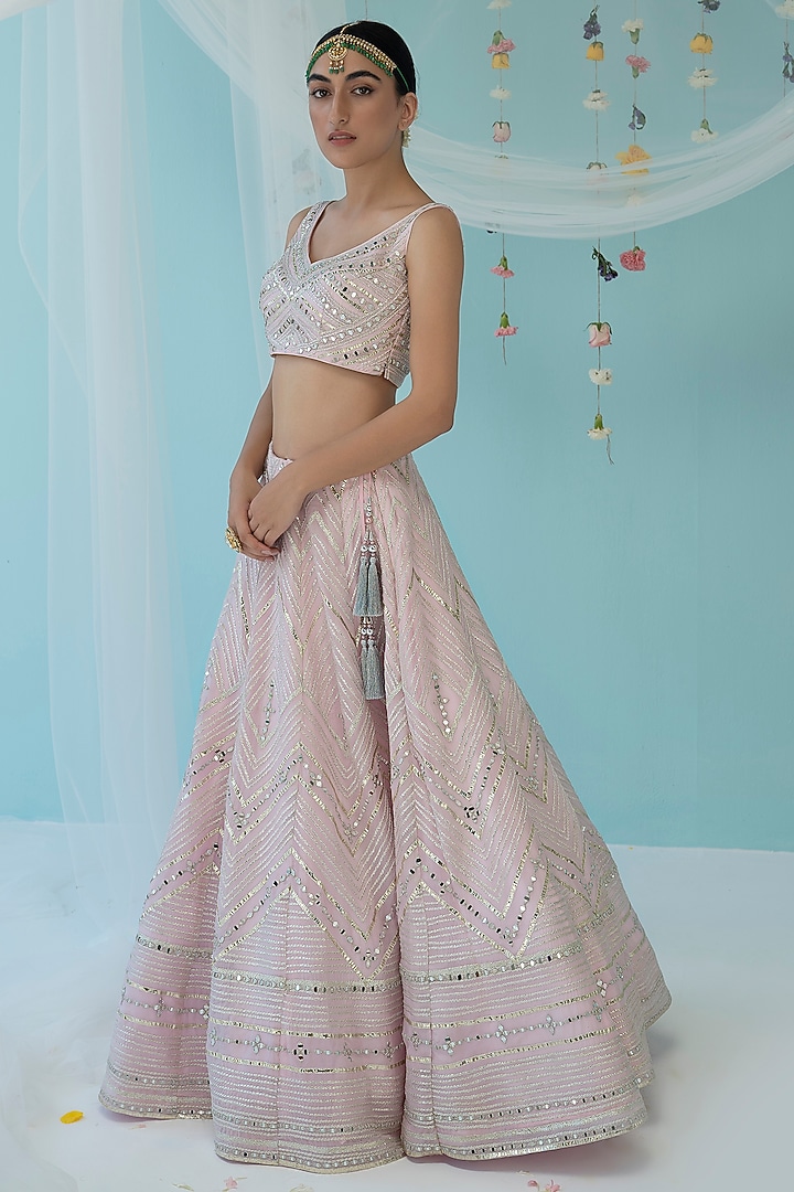 Blush Pink Organza Embroidered Wedding Lehenga Set by Angad Singh at Pernia's Pop Up Shop