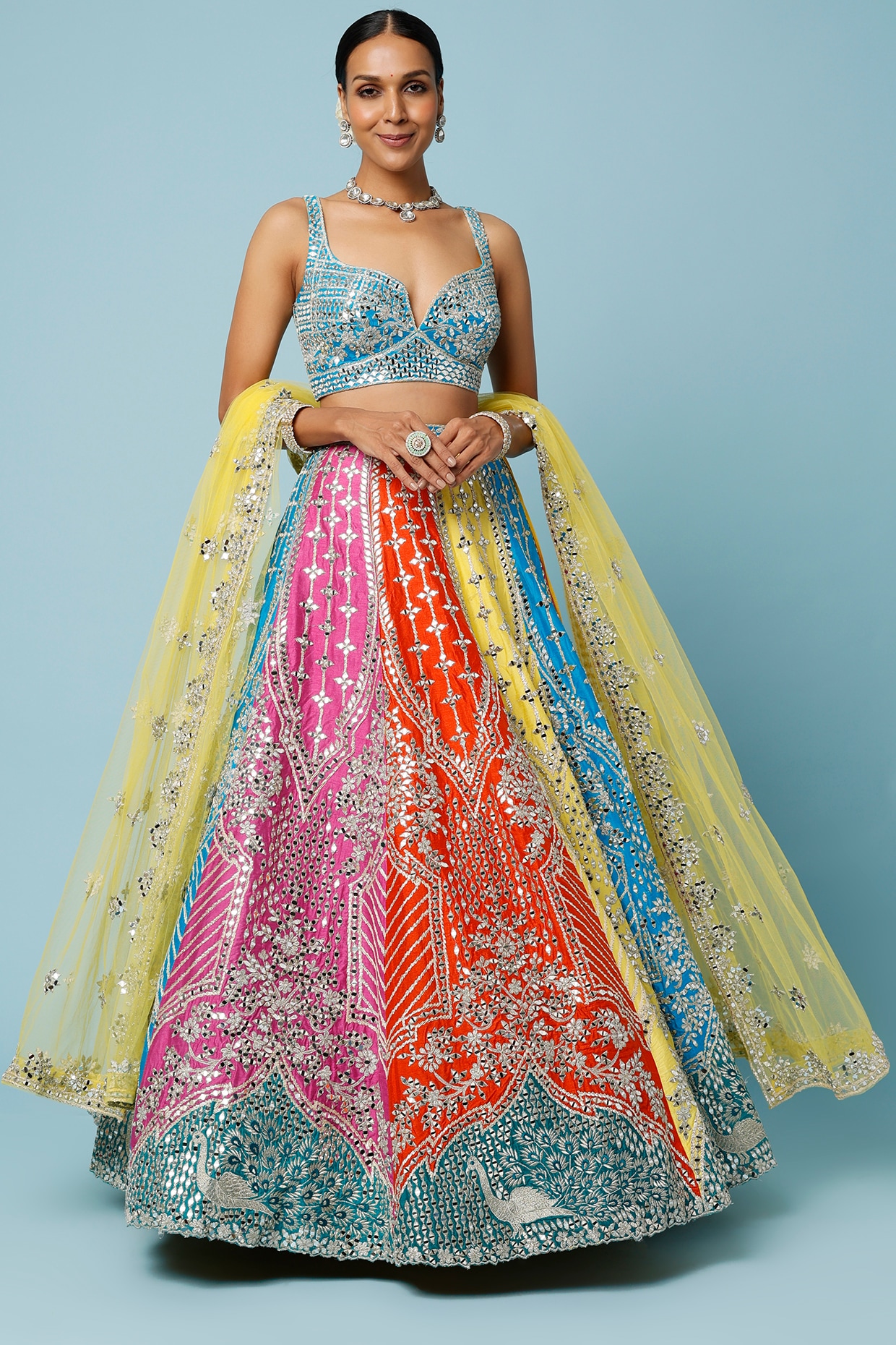 Dazzling Multi Colour Georgette Embroidered Long Choli Lehenga for  Engagement