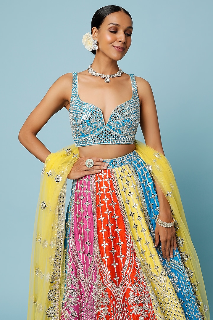 Multi-Colored Raw Silk Embroidered Wedding Lehenga Set by Angad Singh at Pernia's Pop Up Shop