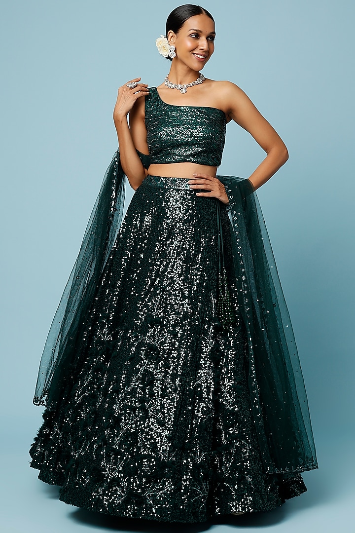 Emerald Green Sequins Embroidered Lehenga Set by Angad Singh