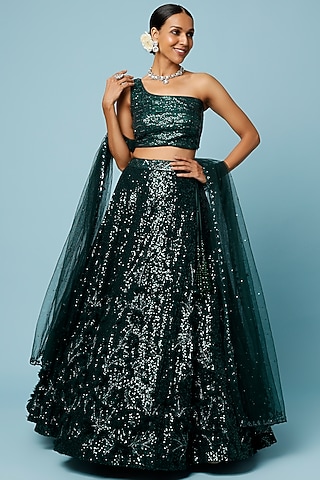Emerald Green Sequins Embroidered Lehenga Set by Angad Singh