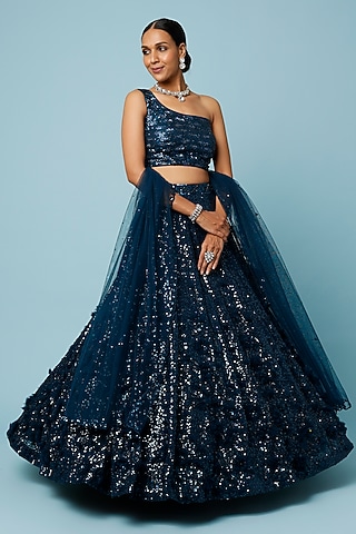 Peacock Blue Sequins Embroidered Lehenga Set by Angad Singh