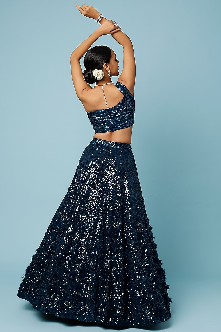 Peacock Blue Sequins Embroidered Wedding Lehenga Set by Angad Singh at Pernia's Pop Up Shop