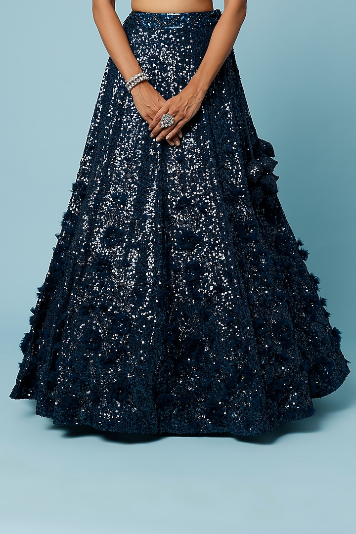 Peacock Blue Sequins Embroidered Wedding Lehenga Set by Angad Singh at Pernia's Pop Up Shop