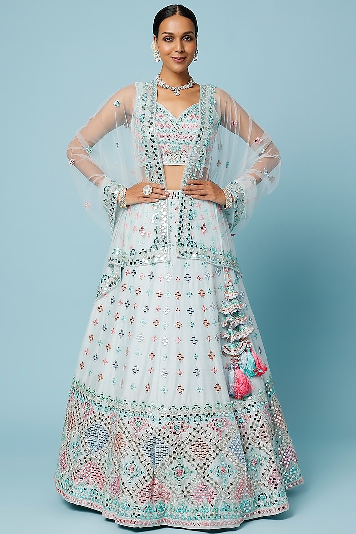 Powder Blue Raw Silk Embroidered Jacket Wedding Lehenga Set by Angad Singh at Pernia's Pop Up Shop