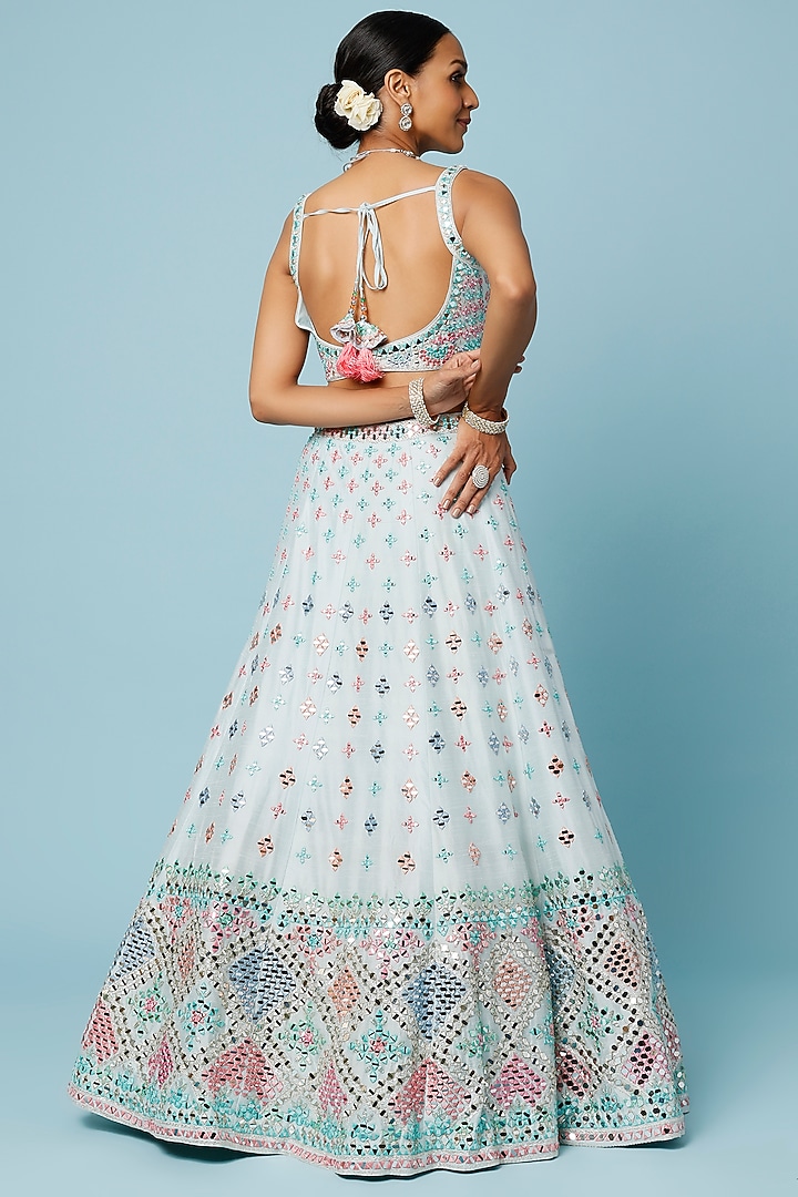 Powder Blue Raw Silk Embroidered Jacket Wedding Lehenga Set by Angad Singh at Pernia's Pop Up Shop