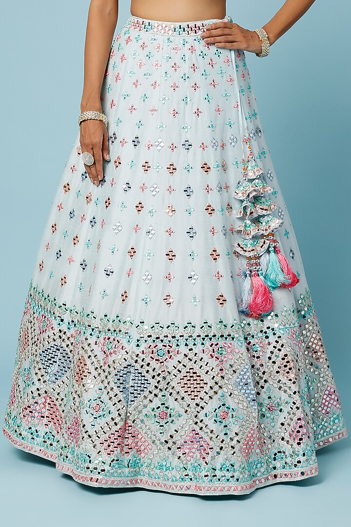 Powder Blue Raw Silk Embroidered Jacket Wedding Lehenga Set by Angad Singh at Pernia's Pop Up Shop