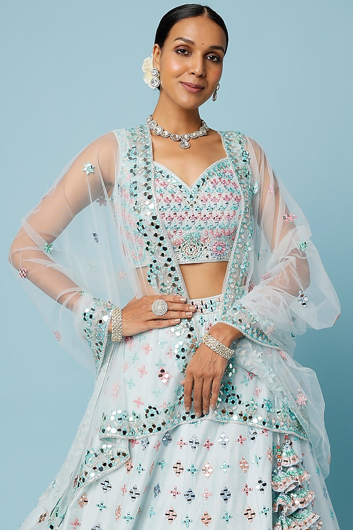 Powder Blue Raw Silk Embroidered Jacket Wedding Lehenga Set by Angad Singh at Pernia's Pop Up Shop