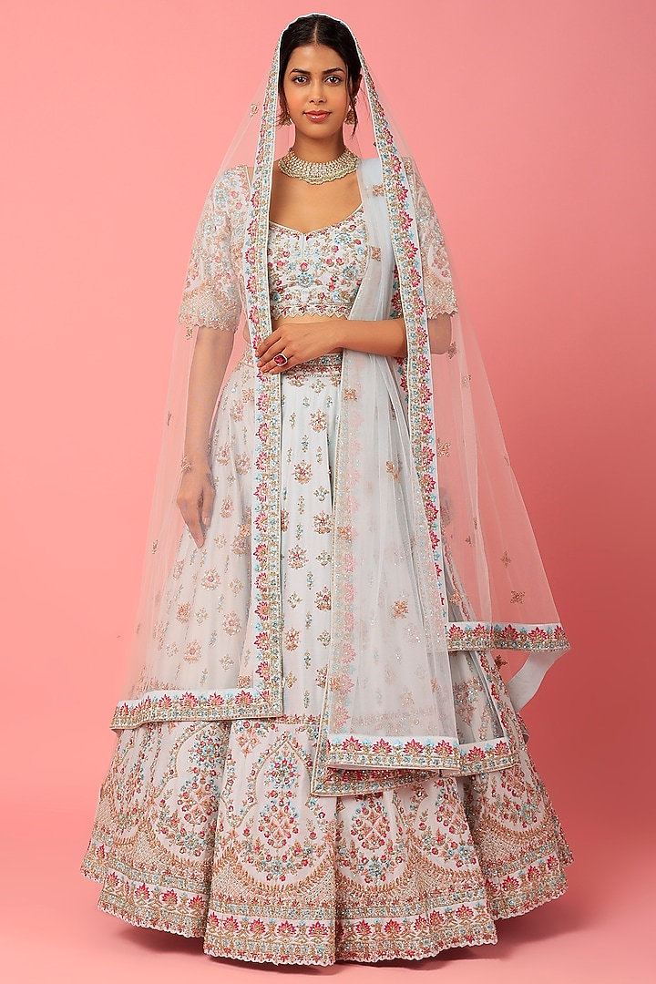 White Raw Silk Embroidered Wedding Lehenga Set by Angad Singh at Pernia's Pop Up Shop