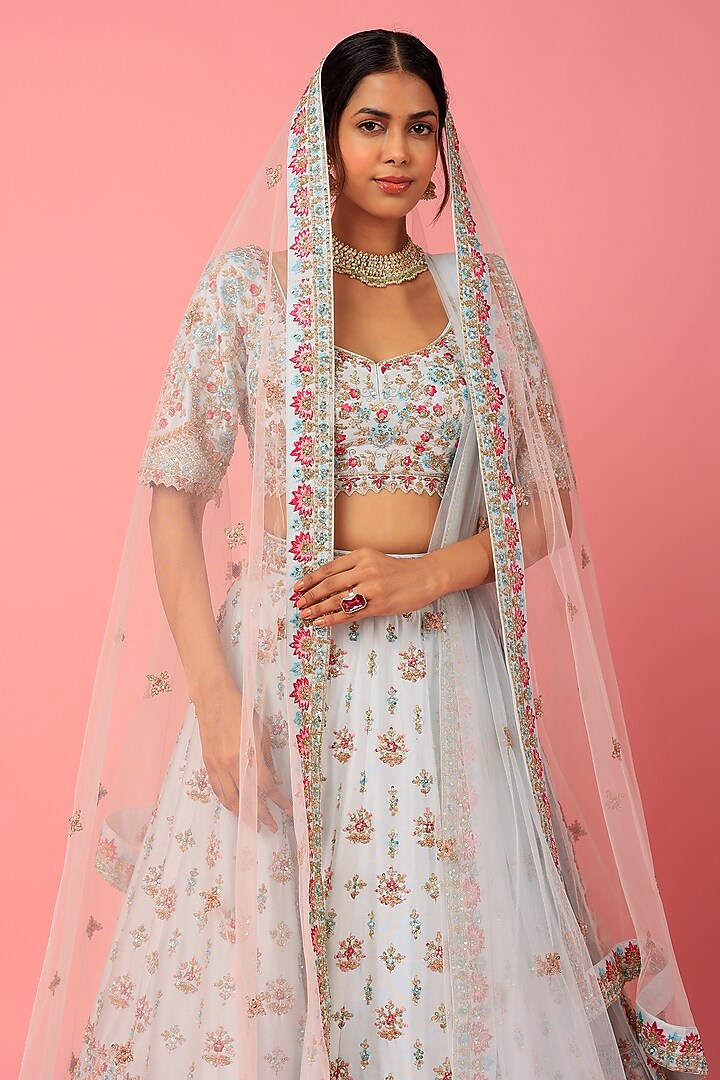 White Raw Silk Embroidered Wedding Lehenga Set by Angad Singh at Pernia's Pop Up Shop