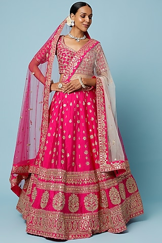 Rani Pink Raw Silk Zardosi Embroidered Lehenga Set  by Angad Singh