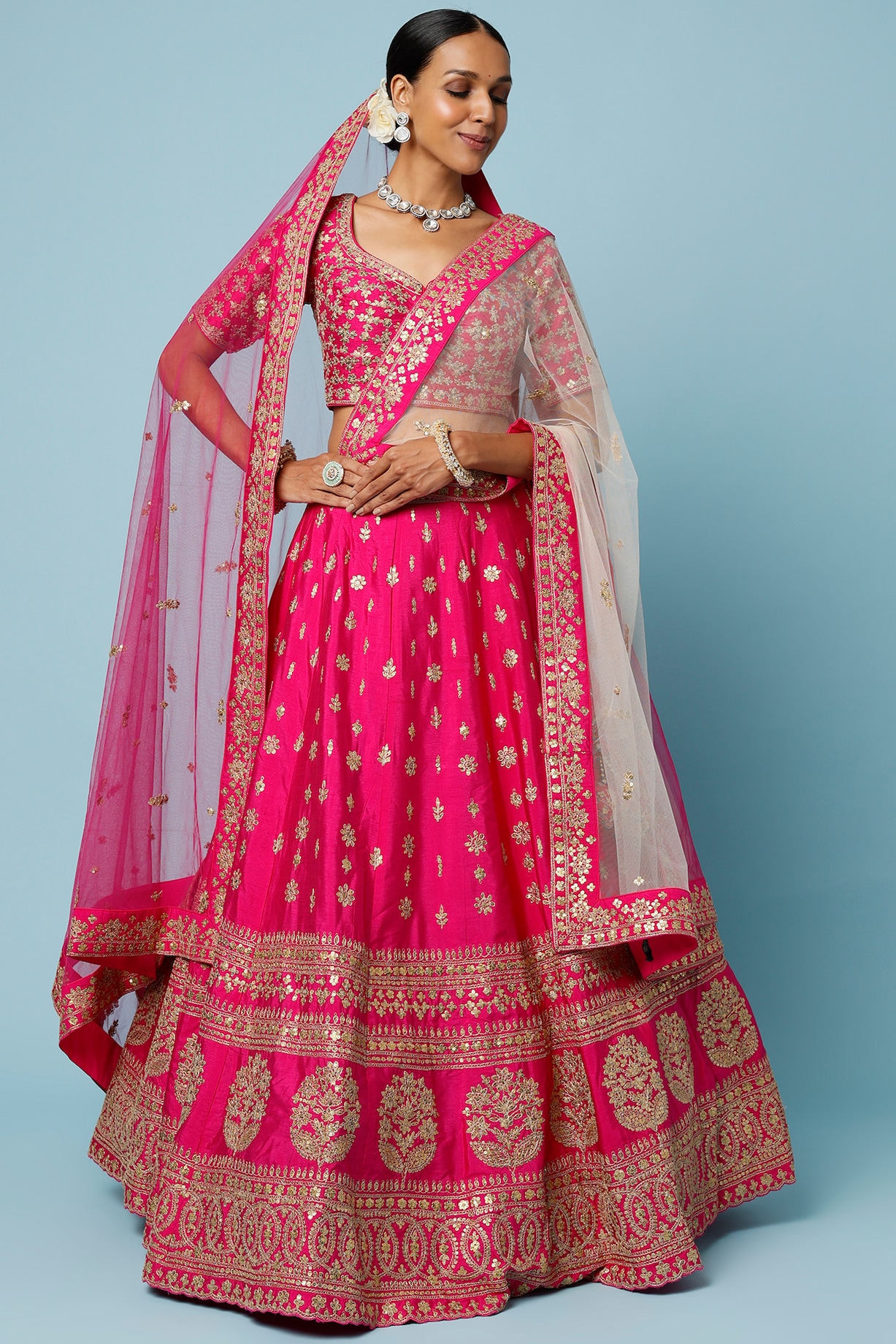 Rani Pink Printed Lehenga Set With Blouse & Dupatta – Estie Couture