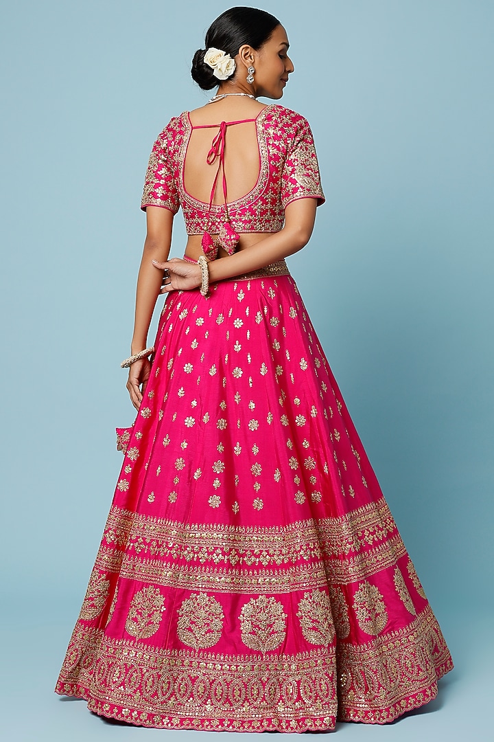 Rani Pink Raw Silk Zardosi Embroidered Wedding Lehenga Set by Angad Singh at Pernia's Pop Up Shop