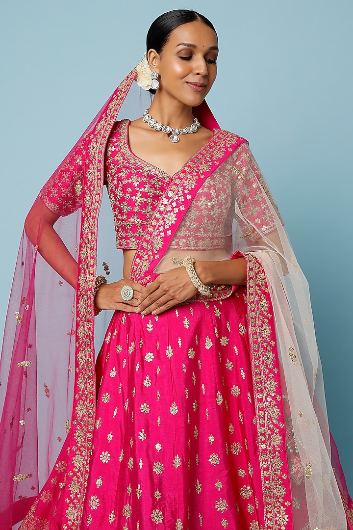 Rani Pink Raw Silk Zardosi Embroidered Wedding Lehenga Set by Angad Singh at Pernia's Pop Up Shop