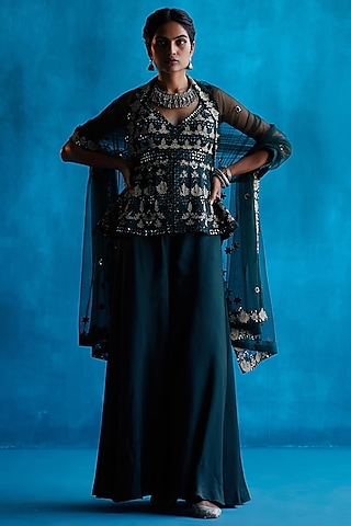Emerald Green Silk Sharara Set by Angad Singh