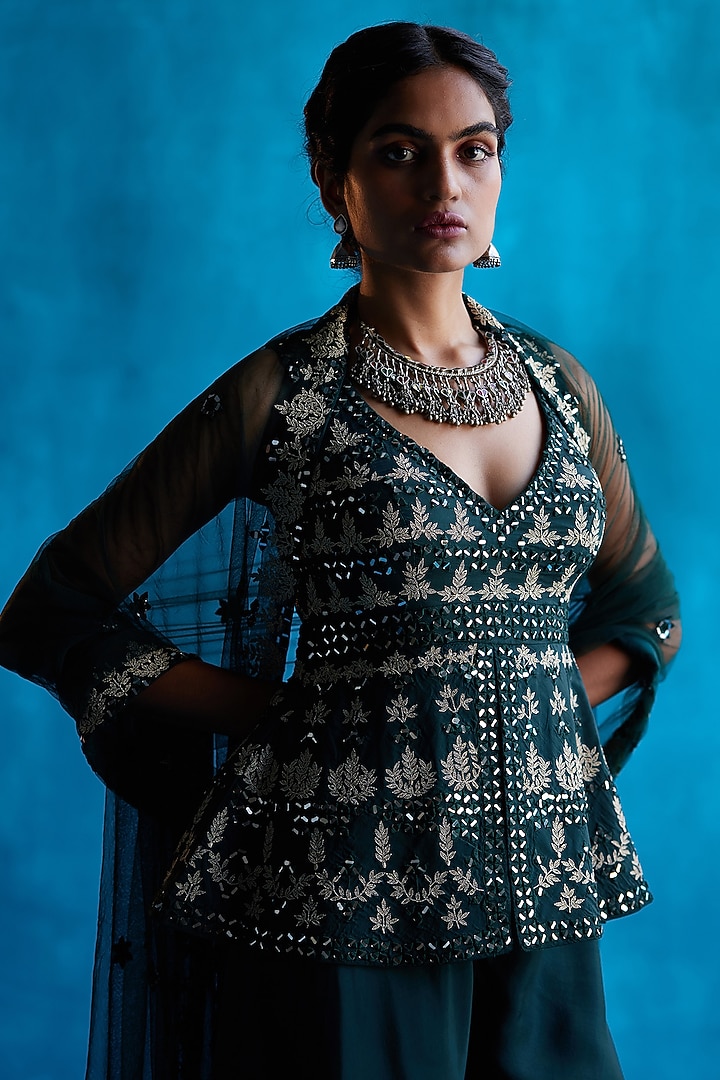 Emerald Green Silk Wedding Sharara Set by Angad Singh at Pernia's Pop Up Shop