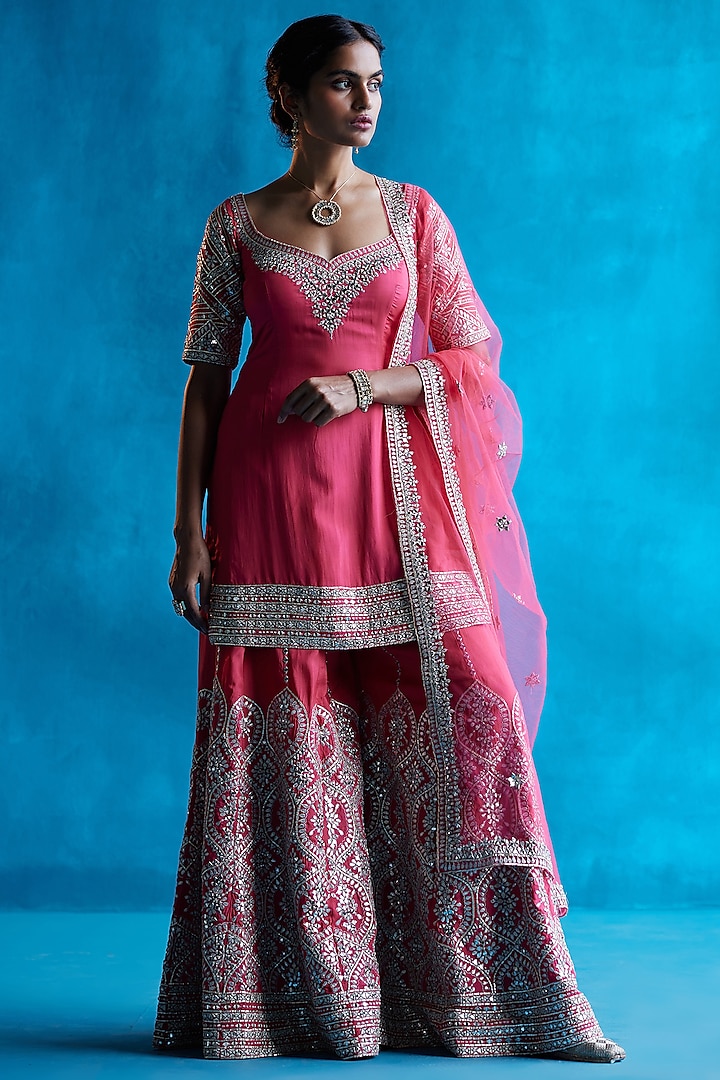 Coral Embroidered Sharara Set by Angad Singh