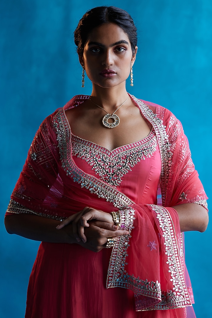 Coral Embroidered Bridal Sharara Set by Angad Singh at Pernia's Pop Up Shop