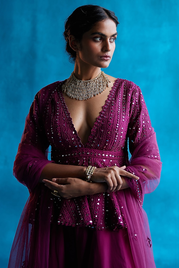 Plum Organza Wedding Sharara Set by Angad Singh at Pernia's Pop Up Shop
