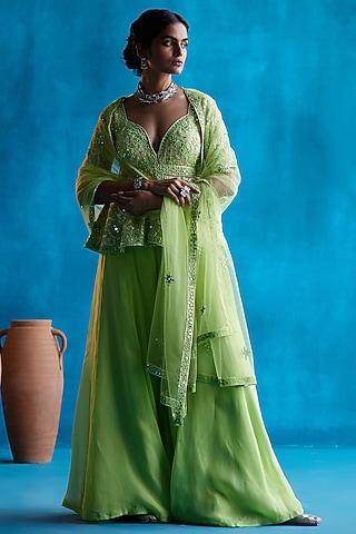 Lime Green Organza Sharara Set by Angad Singh