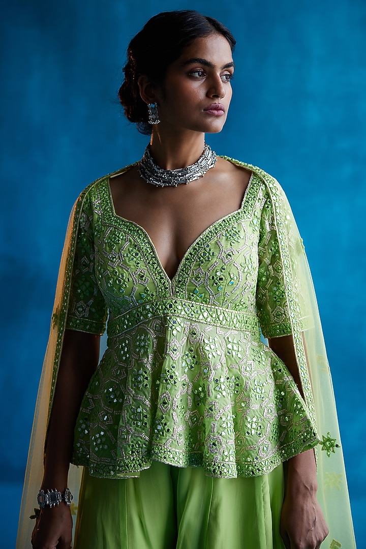 Lime Green Organza Wedding Sharara Set by Angad Singh at Pernia's Pop Up Shop