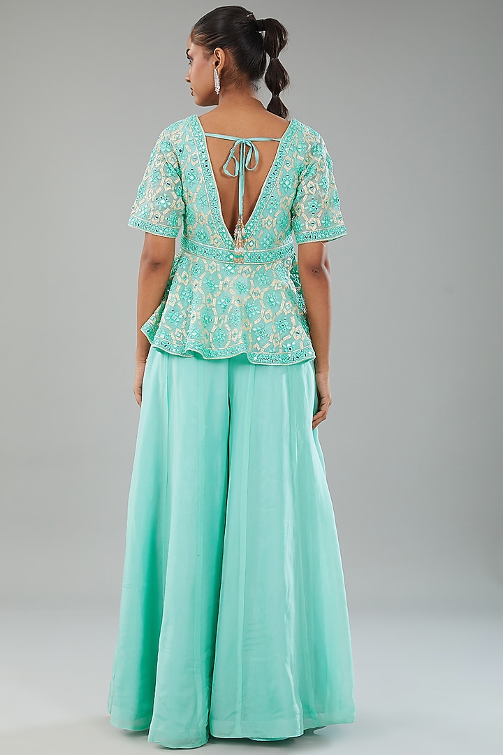Firozi Organza Wedding Sharara Set by Angad Singh at Pernia's Pop Up Shop