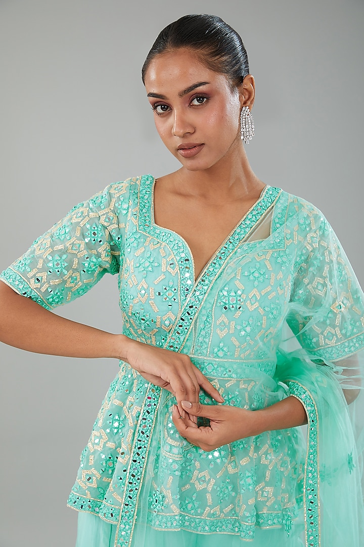 Firozi Organza Wedding Sharara Set by Angad Singh at Pernia's Pop Up Shop