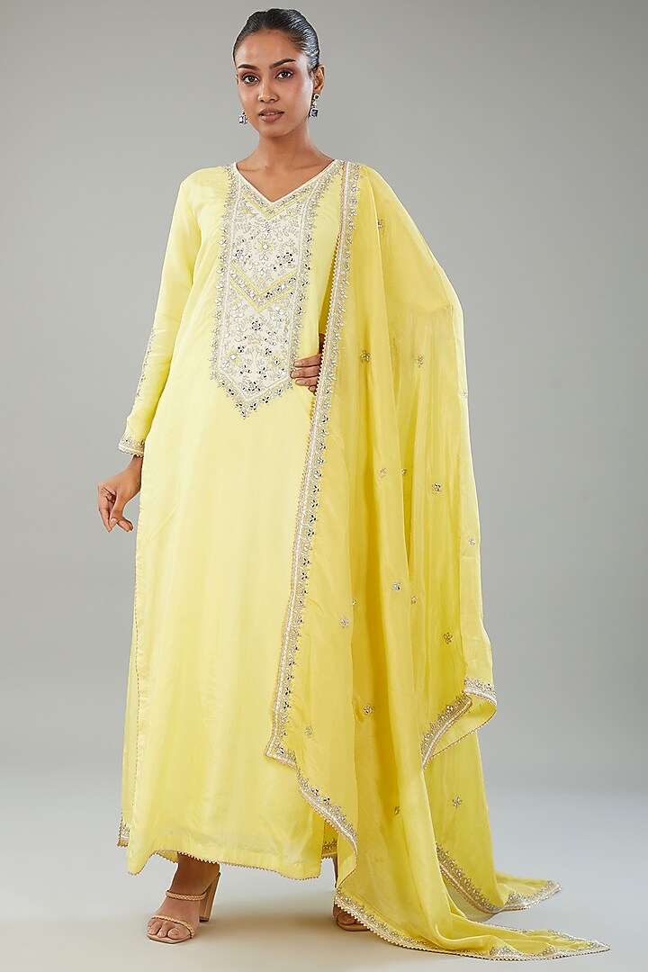 Yellow Silk Resham Embroidered Kurta Set by Angad Singh at Pernia's Pop Up Shop