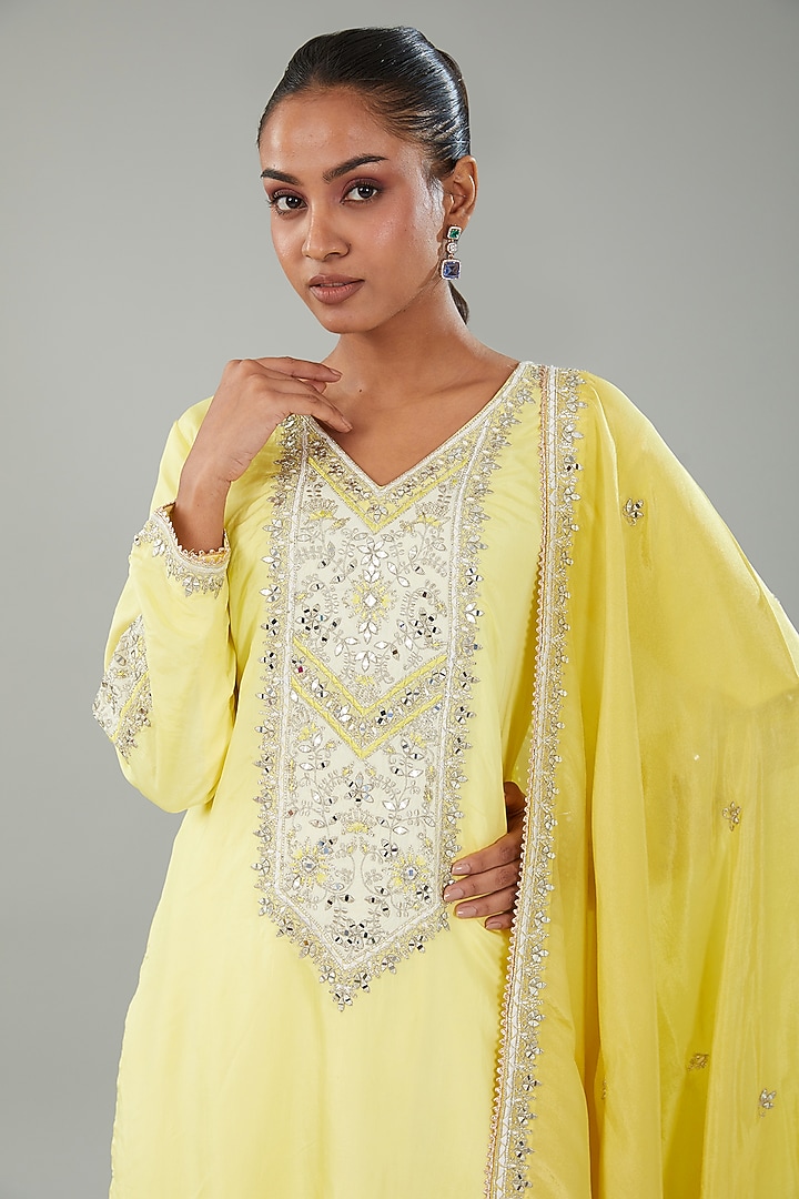Yellow Silk Resham Embroidered Kurta Set by Angad Singh at Pernia's Pop Up Shop
