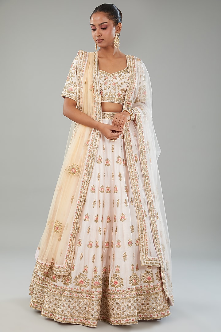 Blush Pink Raw Silk Thread Embroidered Wedding Lehenga Set by Angad Singh at Pernia's Pop Up Shop