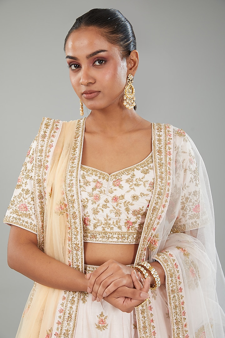 Blush Pink Raw Silk Thread Embroidered Wedding Lehenga Set by Angad Singh at Pernia's Pop Up Shop