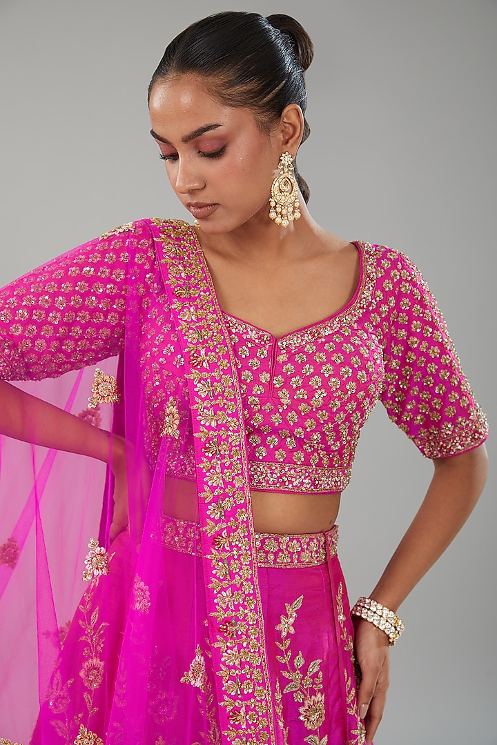 Rani Pink Organza Wedding Lehenga Set by Angad Singh at Pernia's Pop Up Shop