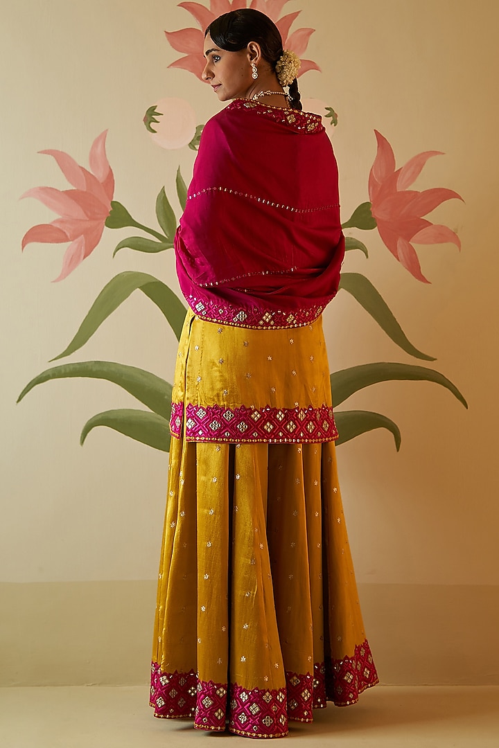 Mustard Satin Silk Embroidered Wedding Sharara Set by Angad Singh at Pernia's Pop Up Shop