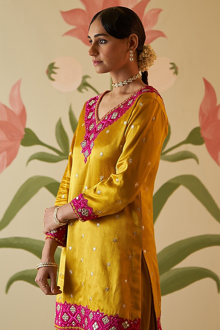 Mustard Satin Silk Embroidered Wedding Sharara Set by Angad Singh at Pernia's Pop Up Shop