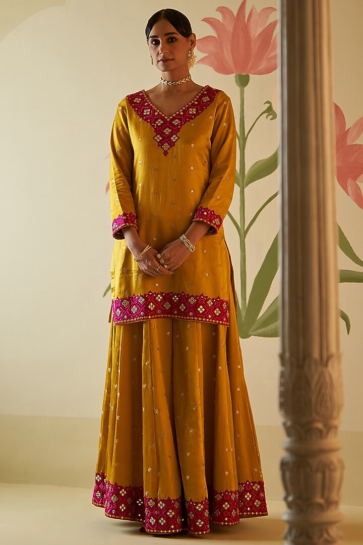 Mustard Satin Silk Embroidered Wedding Sharara Set by Angad Singh at Pernia's Pop Up Shop