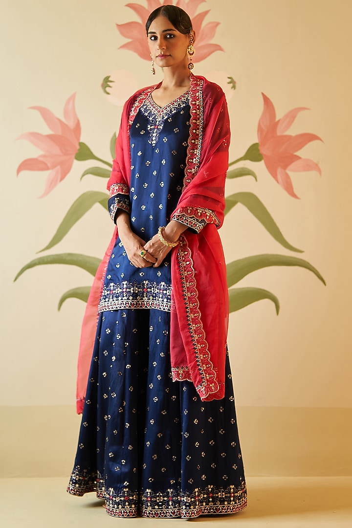 Midnight Blue Satin Silk Embroidered Wedding Sharara Set by Angad Singh at Pernia's Pop Up Shop