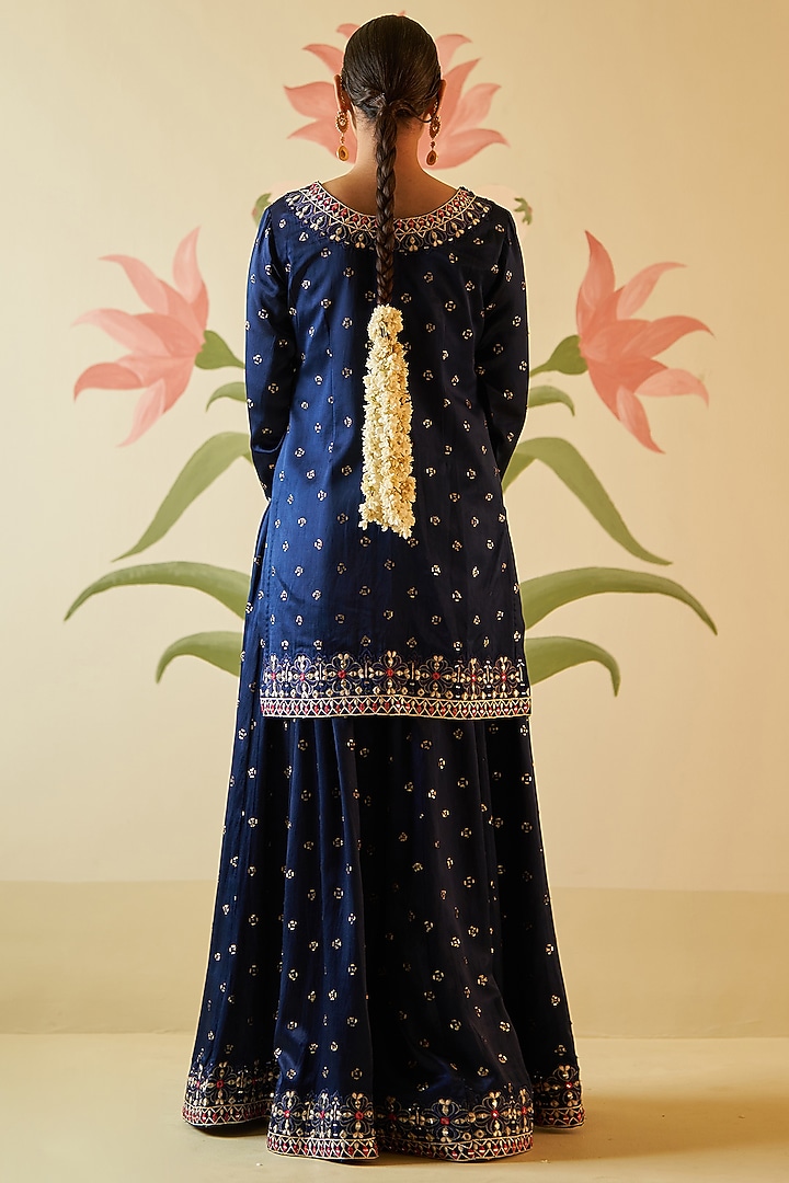 Midnight Blue Satin Silk Embroidered Wedding Sharara Set by Angad Singh at Pernia's Pop Up Shop