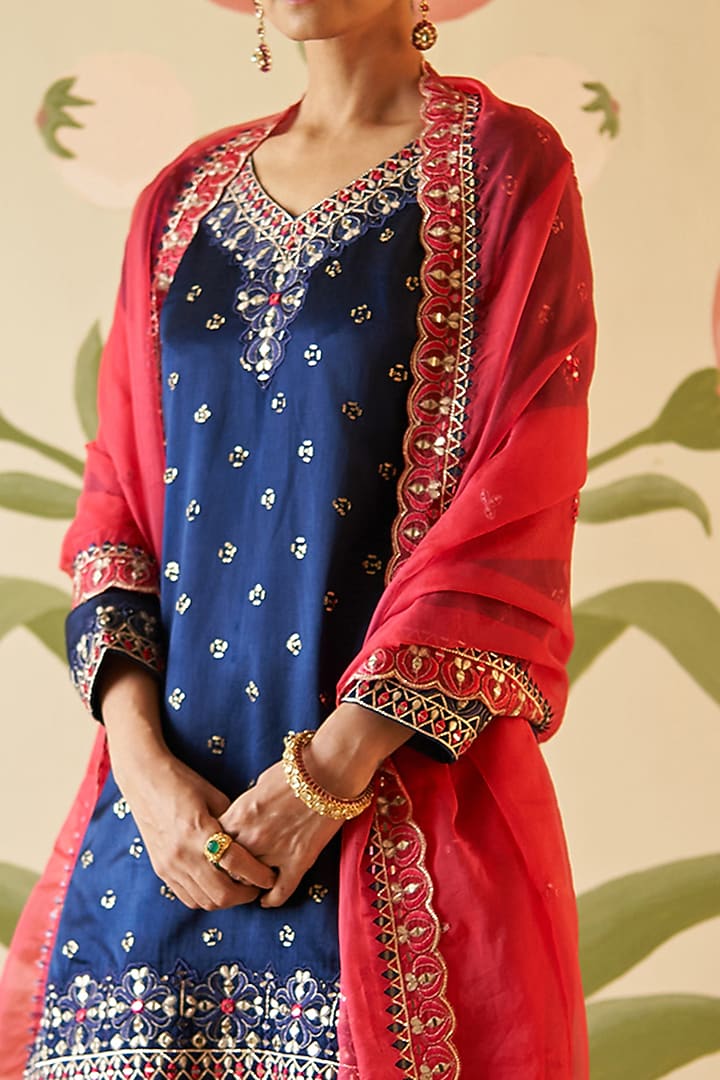 Midnight Blue Satin Silk Embroidered Wedding Sharara Set by Angad Singh at Pernia's Pop Up Shop