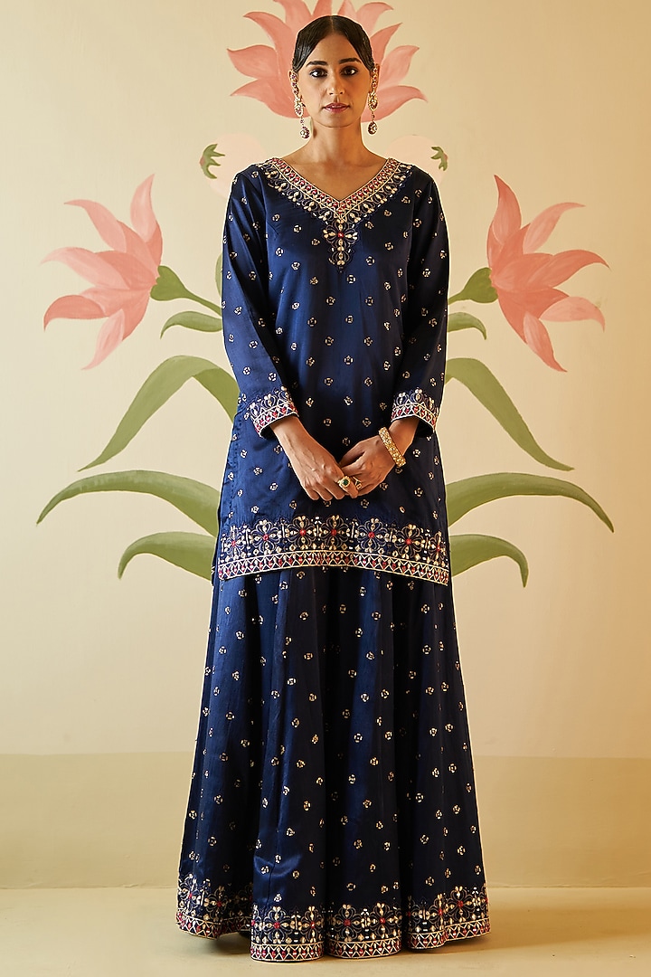 Midnight Blue Satin Silk Embroidered Wedding Sharara Set by Angad Singh at Pernia's Pop Up Shop