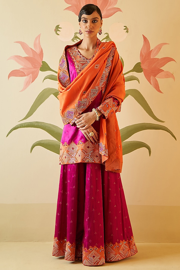 Pink Satin Silk Mirror Work Sharara Set by Angad Singh
