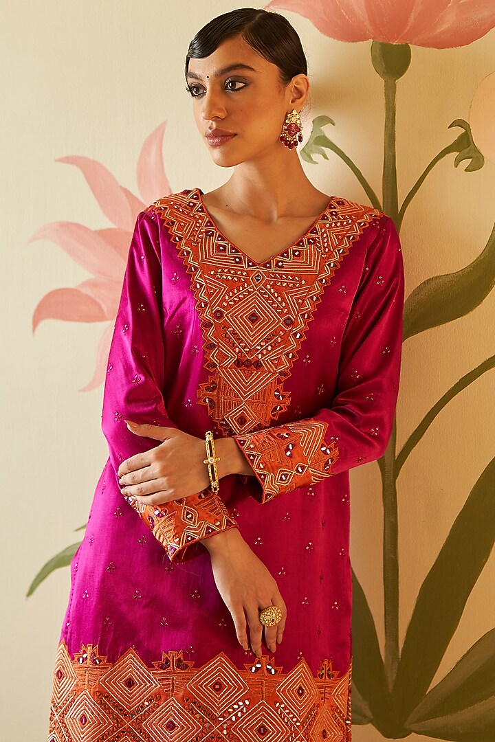 Pink Satin Silk Mirror Work Wedding Sharara Set by Angad Singh at Pernia's Pop Up Shop