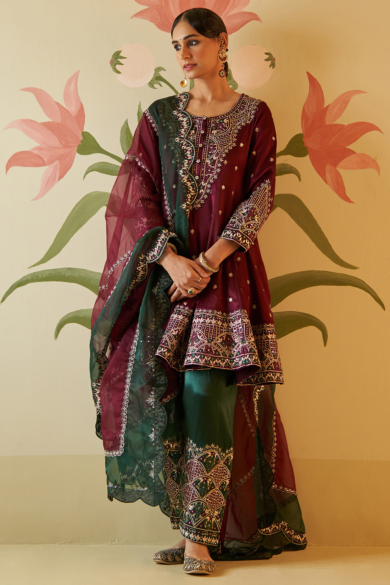 Wine Satin Silk Thread & Mirror Embroidered Bridal Anarkali Set by Angad Singh at Pernia's Pop Up Shop