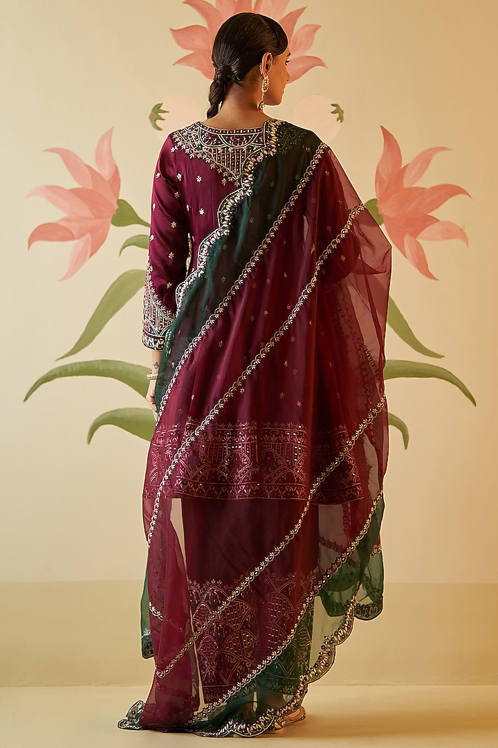 Wine Satin Silk Thread & Mirror Embroidered Bridal Anarkali Set by Angad Singh at Pernia's Pop Up Shop