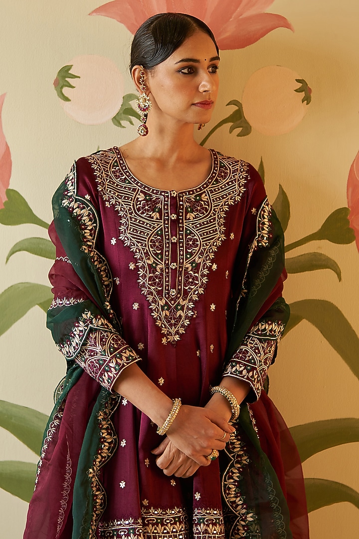 Wine Satin Silk Thread & Mirror Embroidered Bridal Anarkali Set by Angad Singh at Pernia's Pop Up Shop